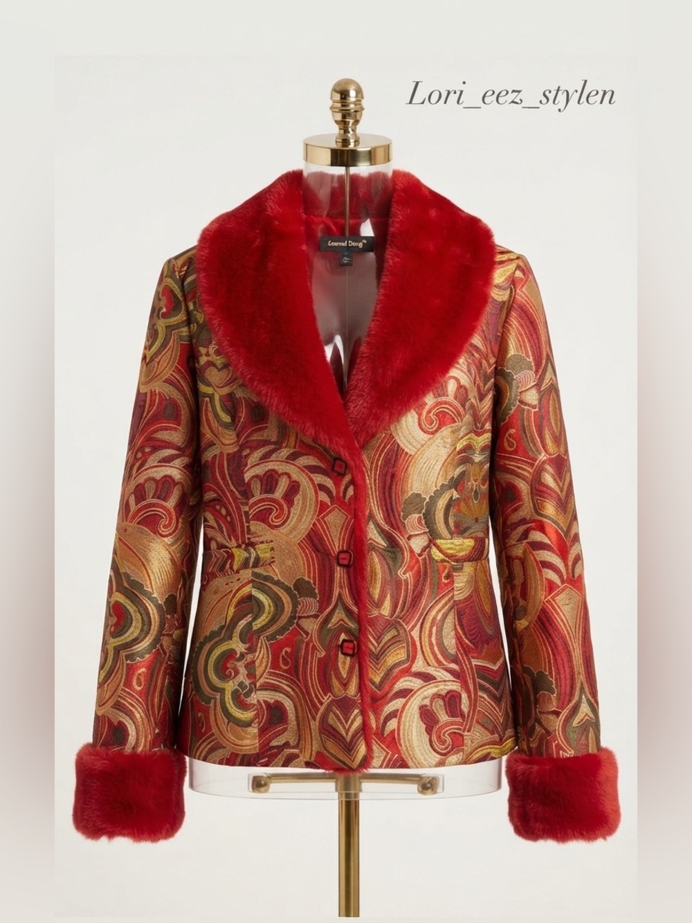 Beautiful Samuel Dong Red Embroidered Brocade Blazer with Gold and Olive Paisley